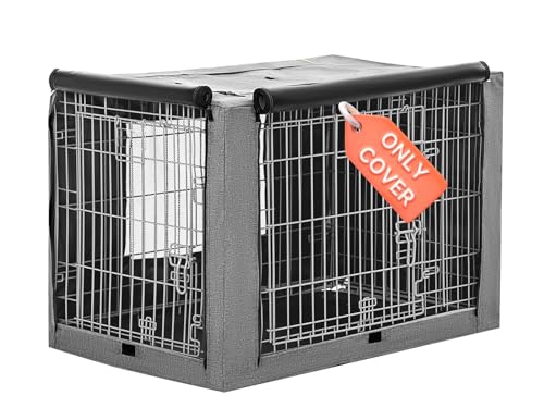 PETSFIT Dog Kennel Cover for Wire Dog Crate(30in/36inch/42inch), Single Door/Double Doors, Mesh Window, Flap On The Top and Back is Detachable, Dog Crate Cover Grey 36inch