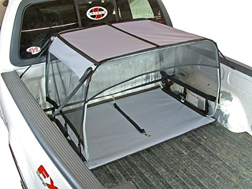 Bushwhacker K9 Canopy with Pad and Tether – Truck Bed Dog Shade Shelter and Kennel Tent – Hut with Leash Restraint, Vehicle Crate Barrier, and Tie-Out Cover for UTVs